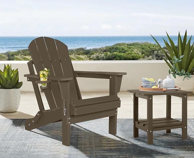 Folding Adirondack Chairs Set of 6 - Plastic Adirondack Chairs with Cup Holder, Weather Resistant for Outdoor, Patio, Lawn, Garden, Backyard Deck, Fire Pit - Dark Brown