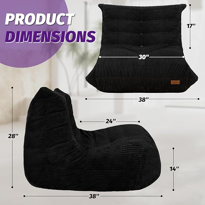 Bean Bag Chair,Giant Beanbag Chairs for Adults,Comfy Large Fireside Chair Lazy Sofa,Corduroy Bean Bag Lounger with Memory Foam Filled,Floor Sofa Couch for Home,Dorm,Living Room (Black)