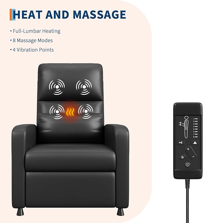GarveeHome Power Recliner Chair with Massage and Heat, Adjustable Electric Recliner Ergonomic Overstuffed PU Leather Single Sofa, 2 Side Pockets and USB Port, Home Theater Seating for Living Room