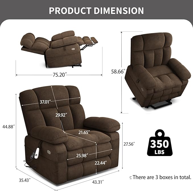 Dual Motor Power Lift Recliner Chair for Elderly with Adjustable Headrest,Extra Wide Recliner Chair with Massage,Lay Flat Recliner with Extended Footrest,Cup holder,Storebox,USB&Type-C Ports,Brown