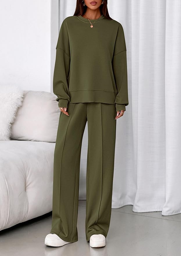 PRETTYGARDEN 2 Piece Sets For Women Fall Trendy Long Sleeve Sweatshirt Wide Leg Pants Loungewear Set Matching Sweatsuit