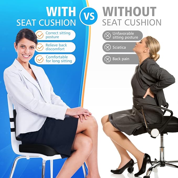 Seat Cushion, Lumbar Support Pillow with Adjustable Strap-Chair Cushions for Sciatica Pain Relief-with Washable Cover Memory Foam for Car, Travel and Wheelchair-Black