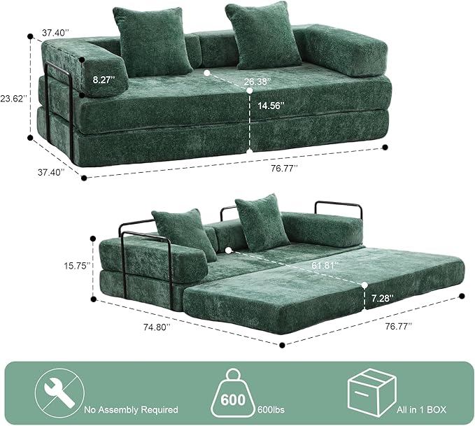 77" Convertible Foldable Floor Couch, 3-Seat Futon Sleeper Sofa for Living Room, Bedroom, or Apartment, with Pillow Backrest and Armrests, Chenille Fabric, No Assembly Required, Dark Green