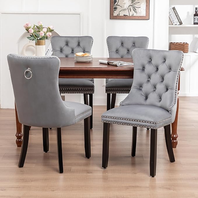 Kiztir Velvet Dining Chairs Set of 4, Upholstered Dining Chairs with Ring Pull Trim and Button Back, Luxury Tufted Dining Chair for Living Room, Bedroom, Kitchen (Gray)