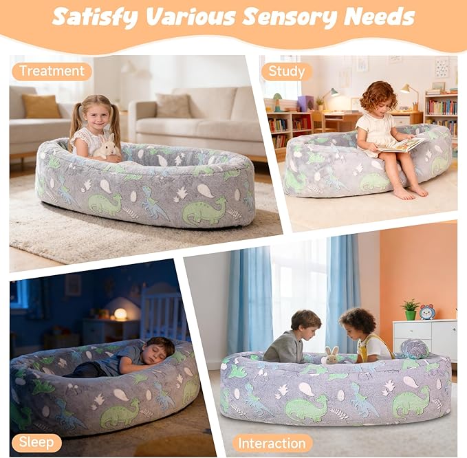 HAHASOLE Sensory Chair for Autistic Children - Foam Peapod Sensory Canoe with Non-Slip Base, Soft Cover Machine Washable, Calming Cocoon for Kids (Gray)
