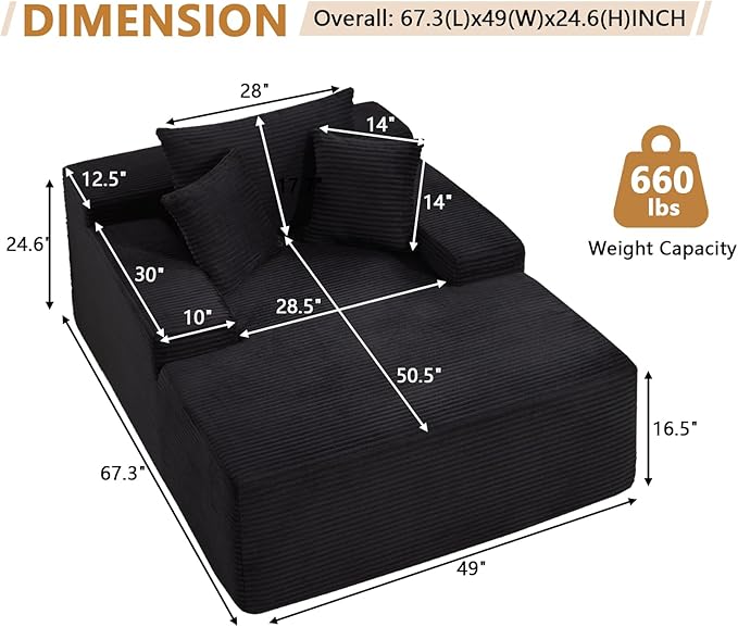 67.3'' Oversized Chaise Lounge Chair Indoor,Corduroy Boneless Couch with 3 Pillows Wide Armrest,Comfy Cloud Couch Sleeper Sofa Reading Chairs for Living Room Bedroom,No Assembly Required (Black)