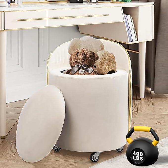 Round Storage Ottoman, Upholstered Velvet Vanity Stool with Lumbar Support, Swivel Rolling Wheels, Small Foot Stools Coffee Table Padded Seat for Makeup Room, Living Room, Bedroom Beige