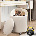 Round Storage Ottoman, Upholstered Velvet Vanity Stool with Lumbar Support, Swivel Rolling Wheels, Small Foot Stools Coffee Table Padded Seat for Makeup Room, Living Room, Bedroom Beige
