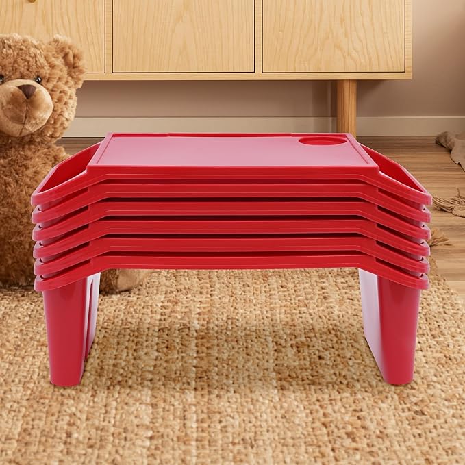 6 Pcs Kids Lap Desk Tray with Storage, 19.69 * 9.84 * 7.1in Desk Bulk Lap Table with Side Pockets and Slot, Portable Plastic Lap Bed Table for Writing Eating Game Classroom (Red)