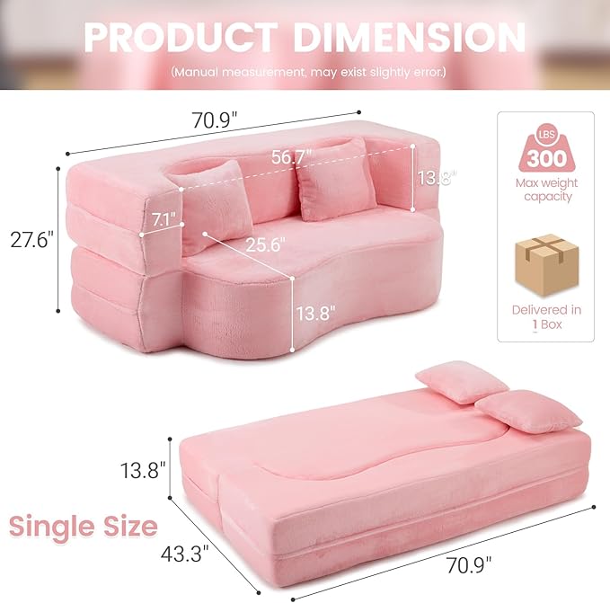 Orynveela Convertible Folding Sofa Bed, 71” Single Size Floor Sleeper Couch, Chenille Full Foam Futon Loveseat for Living Room Bedroom, No Assembly Required (Pink)