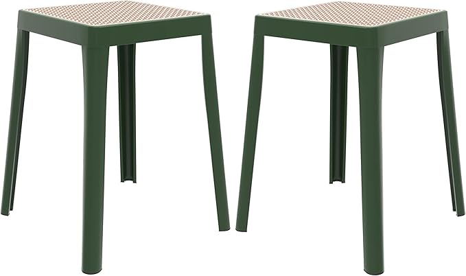 LeisureMod Tresse Mid-Century Modern Square Plastic Dining Stool Set of 2, Stackable Accent Stools with Breathable Seat, Lightweight Seating for Kitchen, Dining Room, Bedroom, or Entryway (Grey)