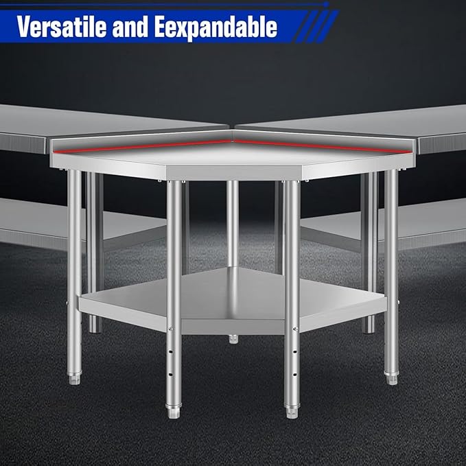 Commercial Stainless Steel Corner Work Table – NSF Approved with Splash Guard & Adjustable Shelf, Heavy Duty Kitchen Prep Bench for Restaurant & Home Use, Silver