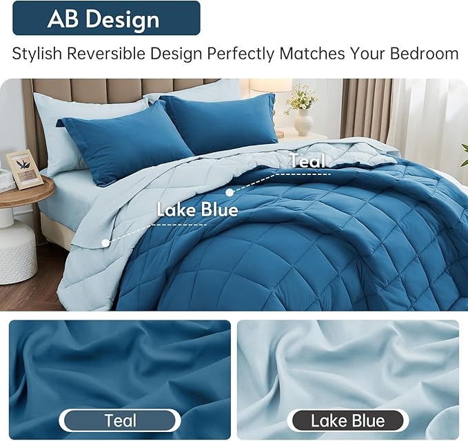 MUXHOMO 7 Pieces California King Comforter Set, Reversible Bed in a Bag Cal King Size, All Season Bedding Set with Comforter, Flat Sheet, Fitted Sheet, Pillowcases & Shams, Teal & Lake Blue