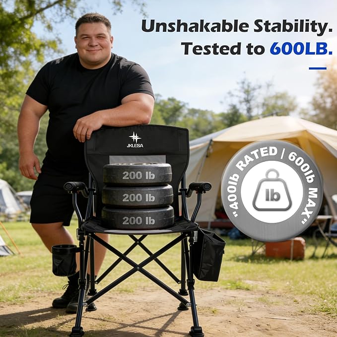 XL Premium Camping Chair - 400lb Capacity, Oversized 23.7" Wide Seat, Heavy Duty 600D Oxford Fabric, Padded Camping Chair Portable for Outdoor, Beach, Tailgate Parties Onyx Black