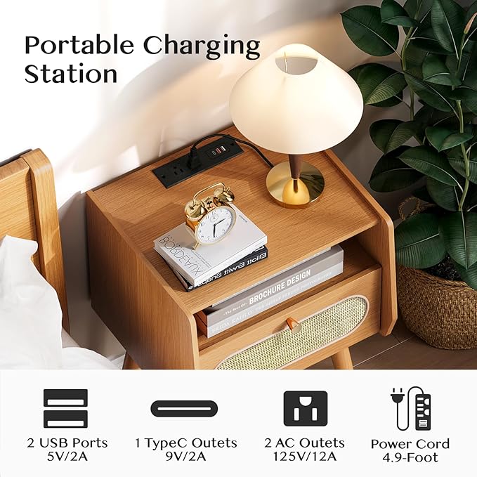 Night Stand Set 2, Mid Century Modern Nightstands Drawer, Rattan Bedside Table with Charging Station, Boho End Table with Storage, Wood Bed Side Tables for Bedroom, Small Space, Cherry