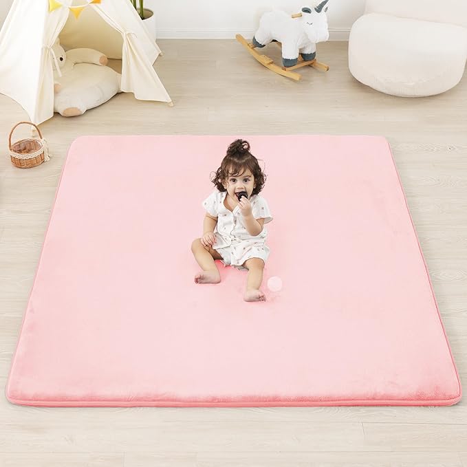 PAPAMAT 1.3" Thick Baby Floor Play Mat 50x50, Basic Padded Foam Mat for Tummy Time Crawling, Non Slip Cushioned for Babies Toddlers Infants Kids (Pink)