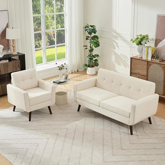 Tbfit Mid Century Modern Sofa Couch, Beige, Loveseat & Accent Chair | linen fabric, button tufted, solid wood foot, pocket spring, wood slats frame