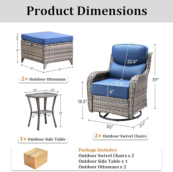 Pugire Luxury Outdoor Swivel Rocker Patio Chairs Set of 5, High Back Patio Chairs with Side Table & 6" Thick Cushions, Ottomans, Wicker Outdoor Bistro Set for Porch, Yard, Deck, Poolside, Grey/Blue