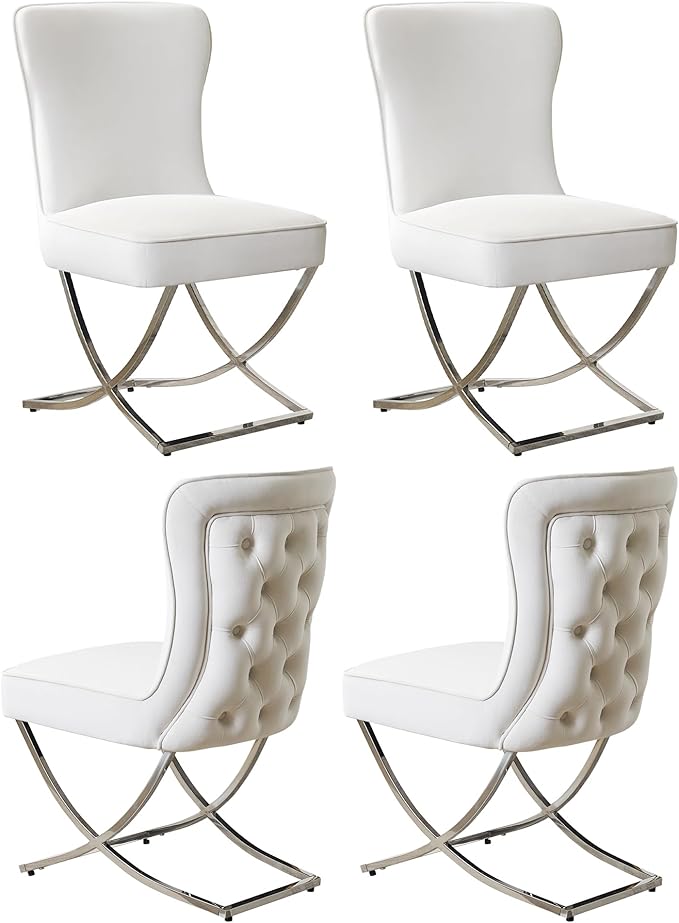 WUTUTUEE Luxury Velvet Dining Chairs, Tufted Upholstered Armless Accent Chairs with Silver Metal X-Legs, Modern Glam Dining Room Chair Set of 4, Beige