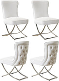 WUTUTUEE Luxury Velvet Dining Chairs, Tufted Upholstered Armless Accent Chairs with Silver Metal X-Legs, Modern Glam Dining Room Chair Set of 4, Beige