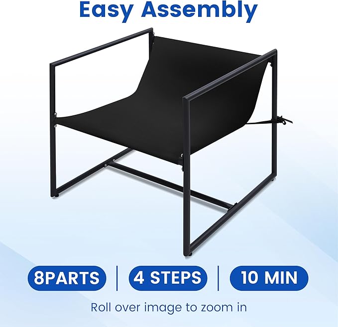 Kromax Sling Accent Chair, Set of 2, Cozy Living Room Chairs, Square Metal Frame, Upholstered Soft Cushion, Sponge, 28" x28“x32, Easy Assembly, Black