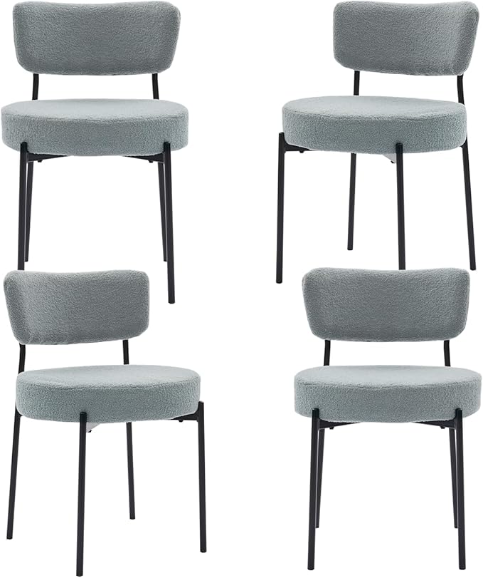Stabrech Grey Boucle Dining Chairs Set of 4, Upholstered Dinner Chair with Metal Frame, Dining Room Chairs with Padded Seat, Round Modern Seating for Living Room
