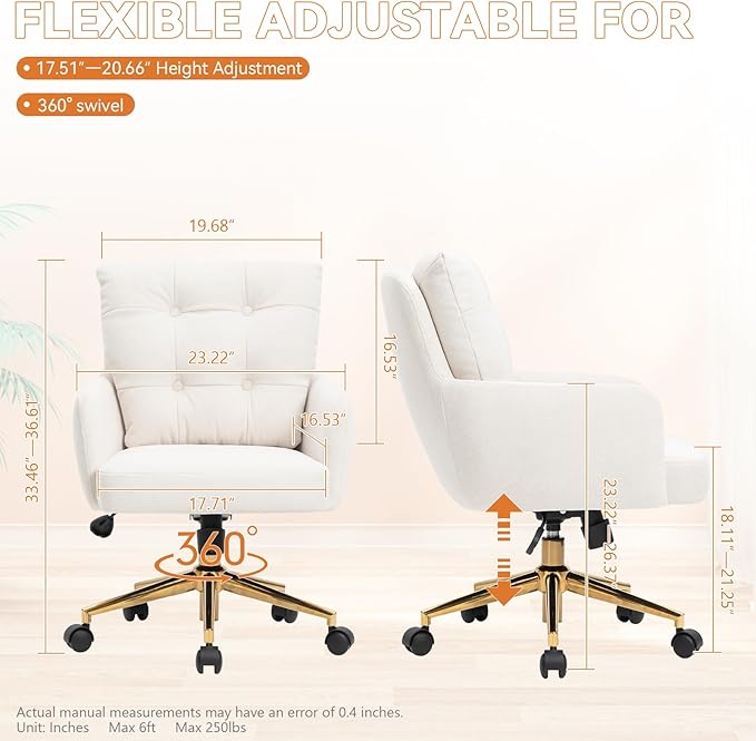 BALIAA Flannel Office Chair, Comfy Home Office Desk Chairs with Lumbar Support, Modern Velvet Desk Chair Gold Legs Small Swivel Task Chair for Home Office, Bedroom, Study (Beige, L)