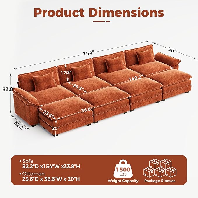 CDCASA 154" Oversized Modular Sectional Sofa Bed, Comfy Cloud Couch w/ 4 Movable Ottomans, 8-Seater Chenille Deep Seat Sofa Bed Modern Sofa Couch for Living Room, DIY Combination, Terracotta Orange