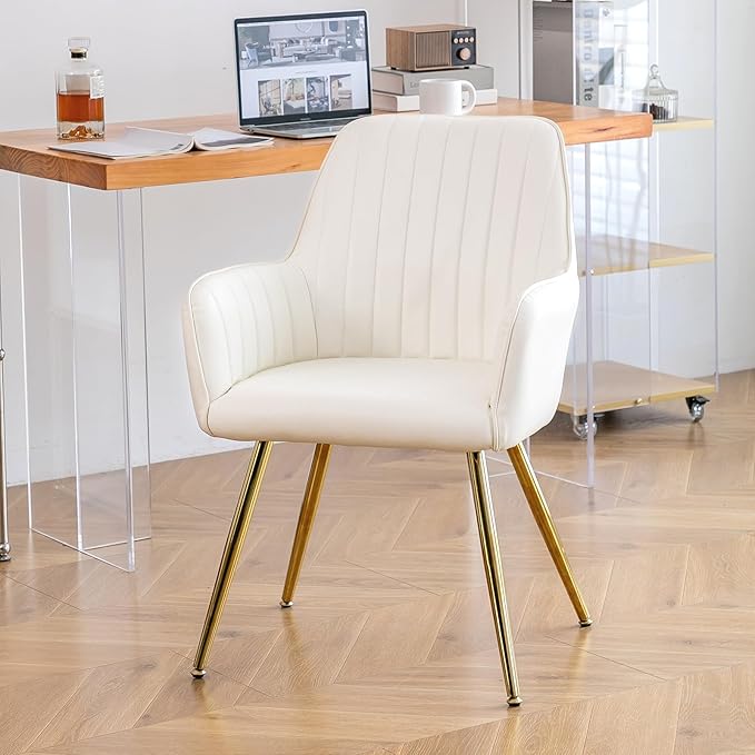 Purgreen Faux Leather Dining Chair Set of 6 - Modern Mid-Back Accent Chair with Gold Plating Legs - Comfy Upholstered Chair for Living Room ，Kitchen & Reception Room (Leather Beige, Set of 6)