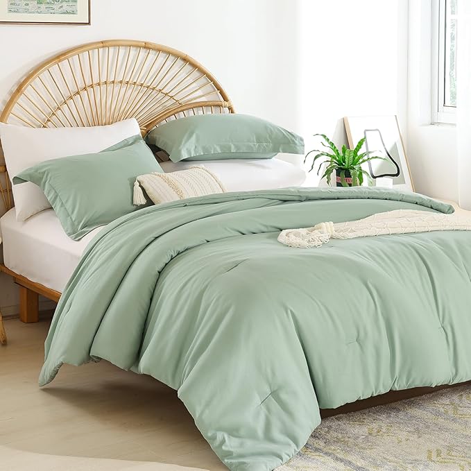 weigelia Bedding Set - 7pcs Sage Green Comforter Set for Queen Bed with Microfiber Sheets, Pillow Shams and Pillowcases - All Season Boho Style