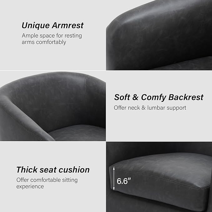 Swivel Barrel Chair, Modern Round PU Leather Accent Armchair for Living Room, Bedroom, Oversized Comfy Club Reading Chairs for Adults (Leather Black Grey, Set of 1)