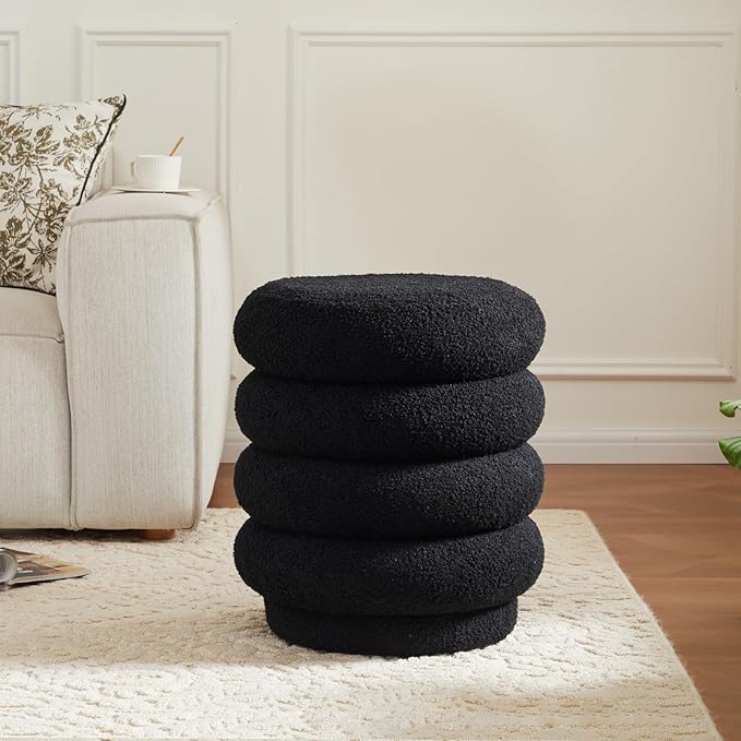 17.5'' Round Ottoman Foot Stool Fabric Storage Footrest Vanity Stool Chair, Modern Sherpa Upholstered Padded Seat with Lid for Living Room/Bedroom/Small Space/Make Up, Black