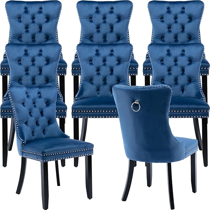 YeahFurn Blue Mid Century Modern Dining Chairs Set of 8, Velvet Upholstered Kitchen & Dining Room Chairs with Nailhead Trim & Solid Wood Legs, Elegant Sillas De Comedor (Blue, 8 Pcs)