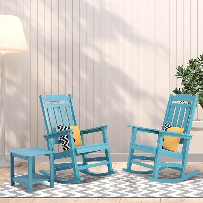 hOmeQomi Rocking Chairs Set of 4, All Weather Resistant Poly Lumber Outdoor Porch Rocker, Rocking Chairs for Outdoor, Indoor, Patio, Deck, Garden, Backyard, Load Bearing 380 lbs - Lake Blue