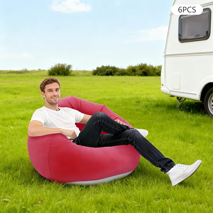 DYRABREST 6 Pcs Bean Bag Chairs for Adults, Inflatable Chairs with Foot Pump, Red Folding Blow Up Couch, Flocking Portable Lazy Sofa for Movie Night, Living Room, Camping, 220lbs Load Capacity