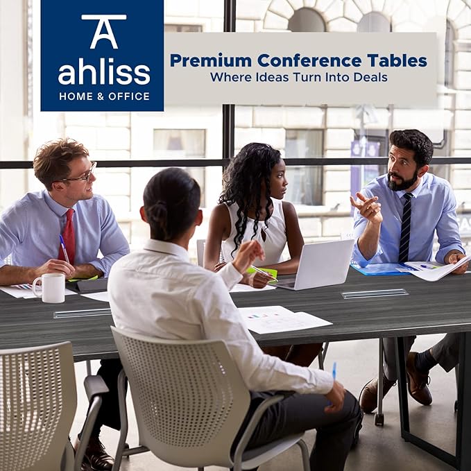 ahliss Sturdy Conference Table with Cable Management Grommets Modern Rectangle Office Meeting Table with Wood Tabletop and Metal Frame & Legs- Easy Assembly Boardroom Table (Grey, 8 Foot)