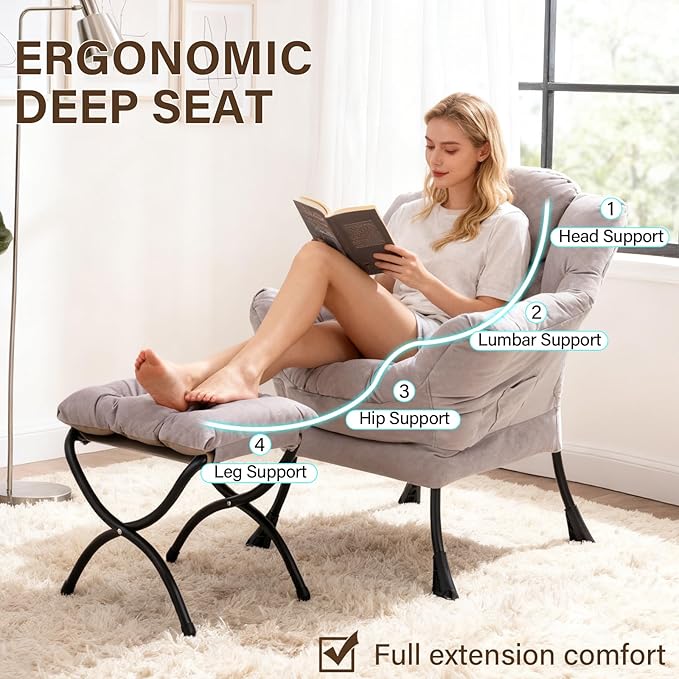 Welnow Lazy Chair with Ottoman, Modern Lounge Accent Chair with Armrests and a Side Pocket, Leisure Sofa Armchair, Reading Armchair with Footrest for Small Space, Light Grey