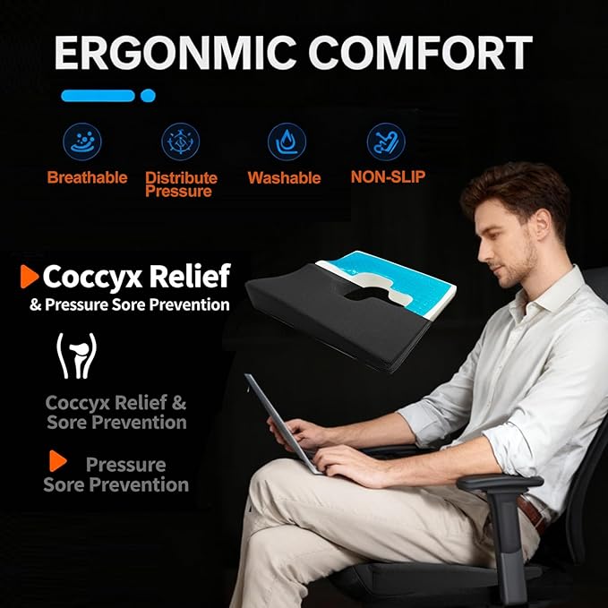 Rivquvi Gel Wheelchair Seat Cushion,Bed Sore Cushions for Butt,Office Chair Pressure Sore cushion,Memory Foam Pillow for bed,Pressure Ulcer Pain Relief,Relieve Sciatica,Coccyx,Washable Cover/Set Black