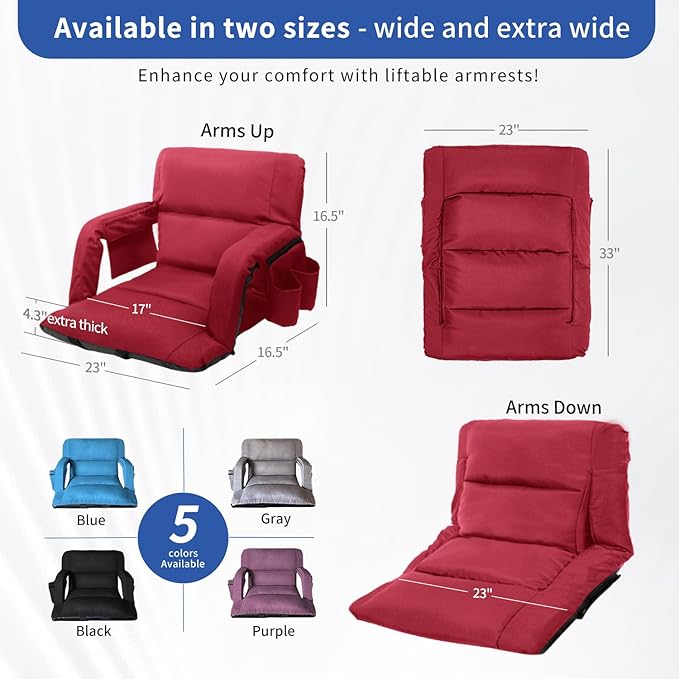 Stadium Seats with Back Support,Wide Stadium Chairs with Back and Cushion, Sofa Style Stadium Seats, 6 Reclining Positions, Extra Thick Bleacher Seat for Sports Events(Red-2 Pack, Wide|22.5")