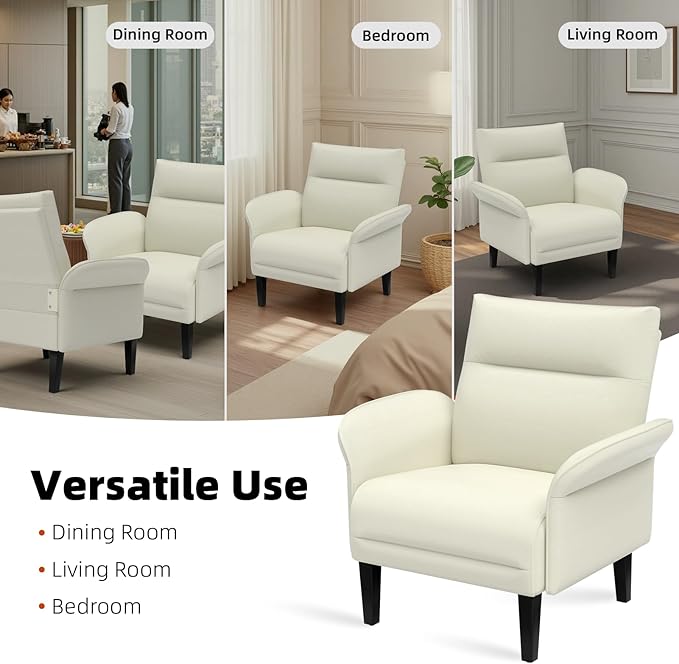 Modern Faux Leather Accent Sofa, Symmetrical Shawl Armchair with Wide Armrests & Wooden Legs, Beige Sofa Chair for Living Room, Apartment, Office