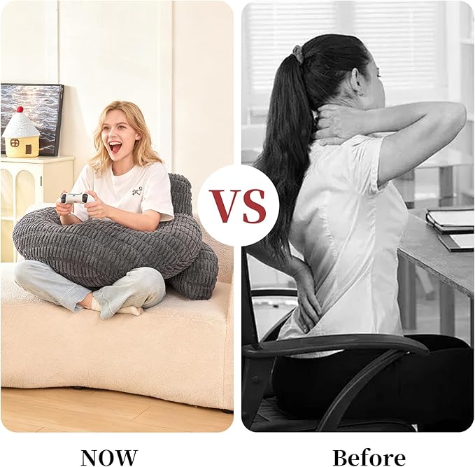PAJEO Back Pillow for Bed Sitting Up,U Shaped & Back Support Pillow for Bed,17" Backrest with Lumbar & Arm Support,Comfy Corduroy Fabric,Lap Pillow for Gaming/Reading/Watching TV,Gray