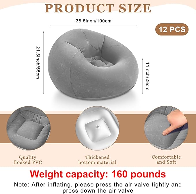 Realspring 12 Pcs Inflatable Bean Bag Chairs for Adults with Electric Air Pump, Blow up Couch Folding Portable Inflatable Couch Lazy Sofa for Outdoor Movie Nights Camping Room (Grey)