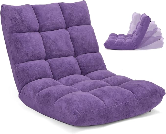 Floor Chair with Back Support, Foldling Gaming Sofa Chair with Comfy Cushion, Adjustable 14-Position Meditation Chairs, Lazy Lounge Recliner Reading Seat for Adults, Kids (Purple)