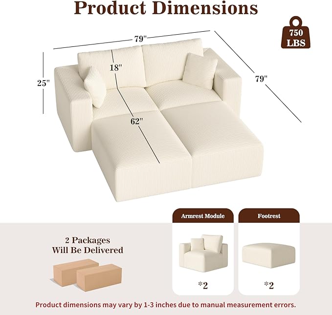 79" Modular Sectional Sofa, Cloud Couch Loveseat Memory Foam Boneless Couch with Chaise, Cozy Upholstered Corduroy Floor Couch, No Assembly Required Living Room Furniture for Apartment, Beige