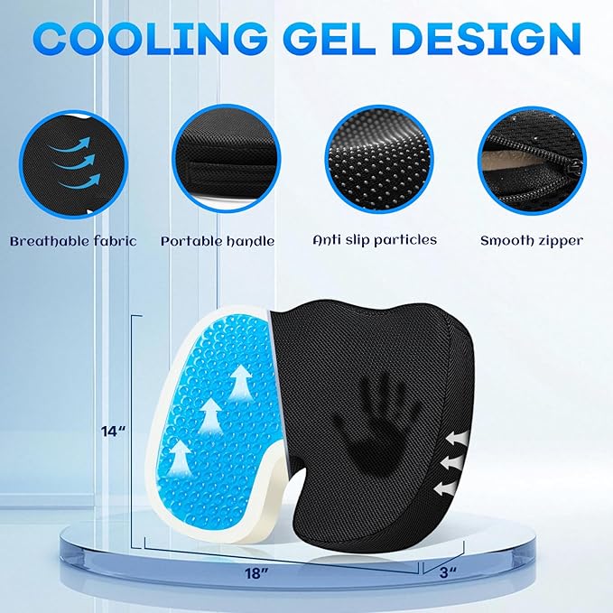 Gel-Infused Seat Cushion & Memory Foam Lumbar Pillow Set,Non-Slip Bottom，Breathable Mesh Cover，Portable Handle - Ergonomic Support for Office Chair Cushion, Car Seat Cushion and Wheelchair，Black