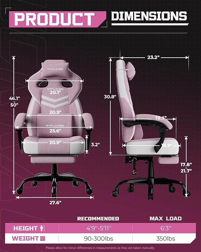 GTPLAYER Gaming Chair, Computer Chair with Footrest and Lumbar Support for Adults, 360°-Swivel Big & Tall Reclining Seat for Office or Gaming, Valentines Day Gift (Pink)
