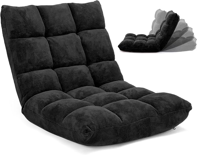 Floor Chair with Back Support, Foldling Gaming Sofa Chair with Comfy Cushion, Adjustable 14-Position Meditation Chairs, Lazy Lounge Recliner Reading Seat for Adults, Kids (Black)