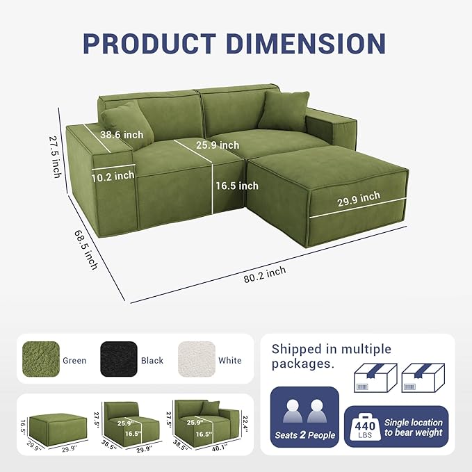 80.3" Cloud Sectional Couch, Chenille Boneless Couch L Shaped with Deep Seats&Wide Armrests, Comfy Convertible Modular Sectional Sofa Memory Foam Compression Sofa for Living Room, No Assembly Required