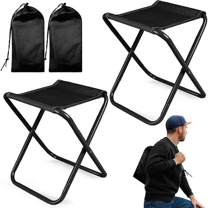 CHENEDY Camping Stool,2-Pack Portable Folding Stool with Carry Bag, 12in Portable Folding Chair Collapsible Camp Stool Outdoor Footstool for Travel Walking Hiking Fishing Picnic (Black(2-Pack))