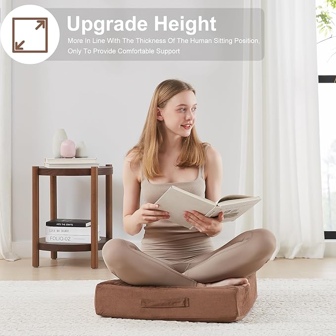 JKMAX 2 Pcs High Density Foam Floor Pillow - Upgraded Large Pillows Seating for Adults - Outdoor Floor Cushion with Soft Tufted Cover - Yoga Pillows for Sitting On Floor - 22 Inch Coffee